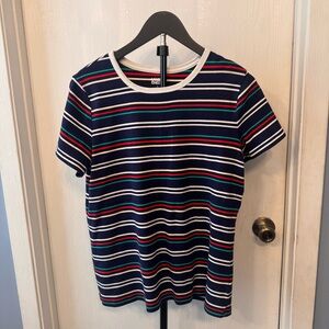 Lands’ End Women’s Large Striped Tee Navy Red Green Short Sleeve Top